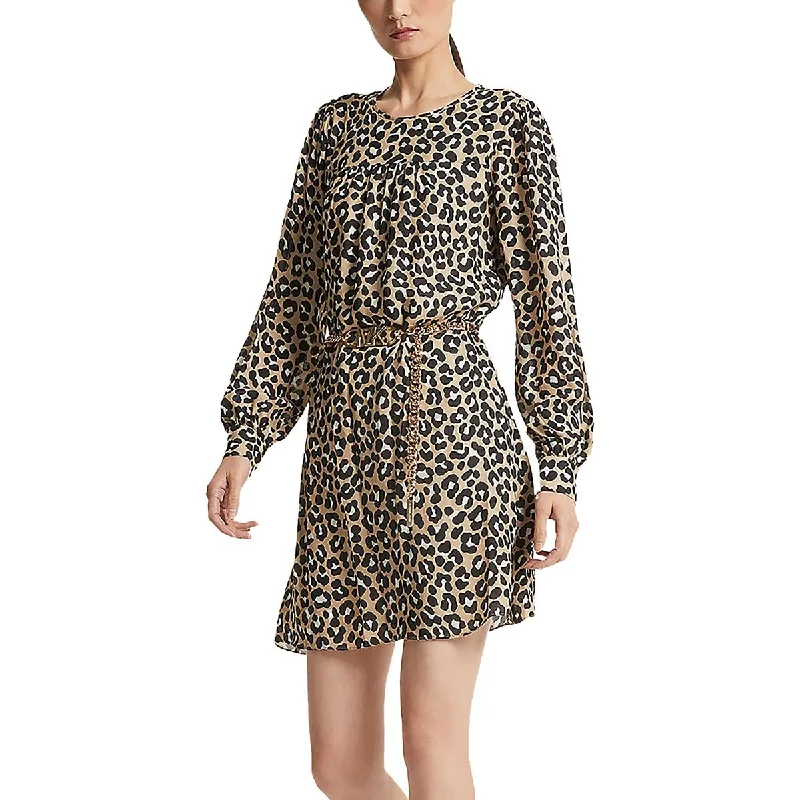 Cheetah Womens Long Sleeve Belted Mini Dress Tunics Cozy comfortable