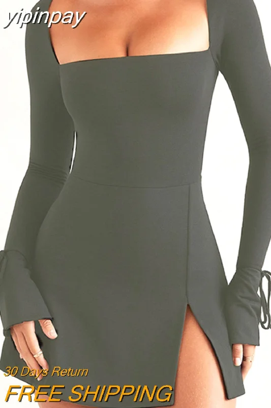 yipinpay Sleeve Bodycon Black Dress Square Neck Basic Slim Spring Autumn Dresses Solid Streetwear High Side Split Mini Dress Trendy A-Line Mini Dress yipinpay Sleeve Bodycon Black Dress Square Neck Basic Slim Spring Autumn Dresses Solid Streetwear High Side Split Mini Dress Trendy A-Line Mini Dress