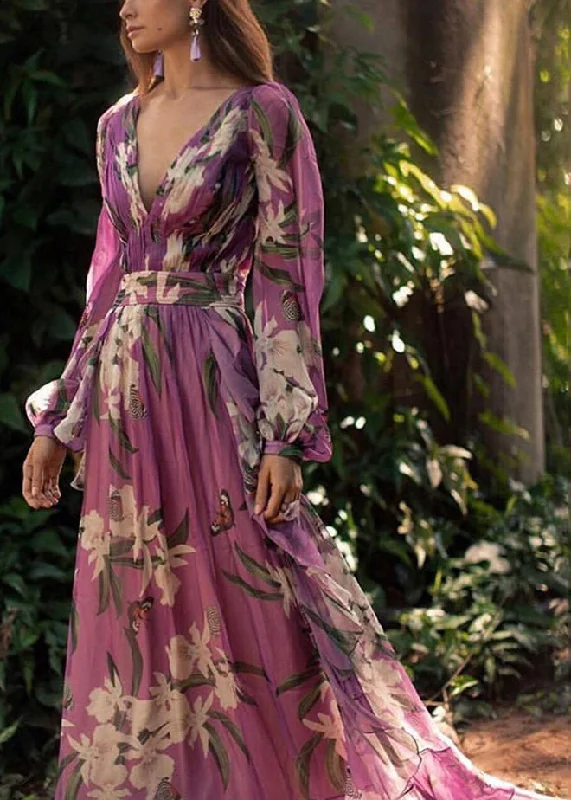 Italian Purple V Neck Print Chiffon Maxi Dresses Long Sleeve WW1047 Tunics Essential wardrobe Italian Purple V Neck Print Chiffon Maxi Dresses Long Sleeve WW1047 Tunics Essential wardrobe