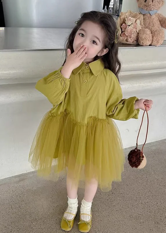 Modern Light Green Peter Pan Collar Tulle Patchwork Girls Long Dress Long Sleeve SS1060 Tunics Wedding white
