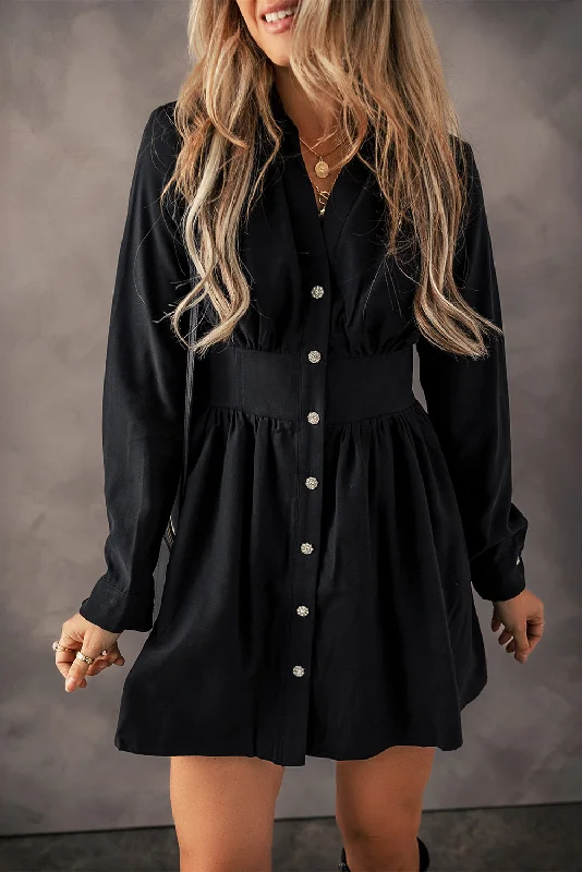 Black Buttoned High Waist Long Sleeve Mini Dress Stylish Sweetheart Neck Mini Dress