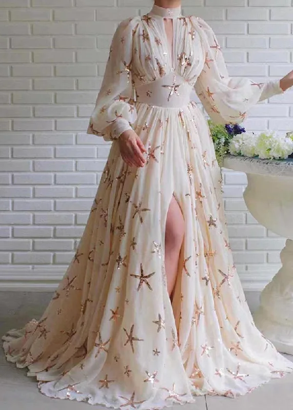 Novelty Beige Sequins Side Open Chiffon Long Dress Lantern Sleeve WW1037 Tunics Modern contemporary Novelty Beige Sequins Side Open Chiffon Long Dress Lantern Sleeve WW1037 Tunics Modern contemporary