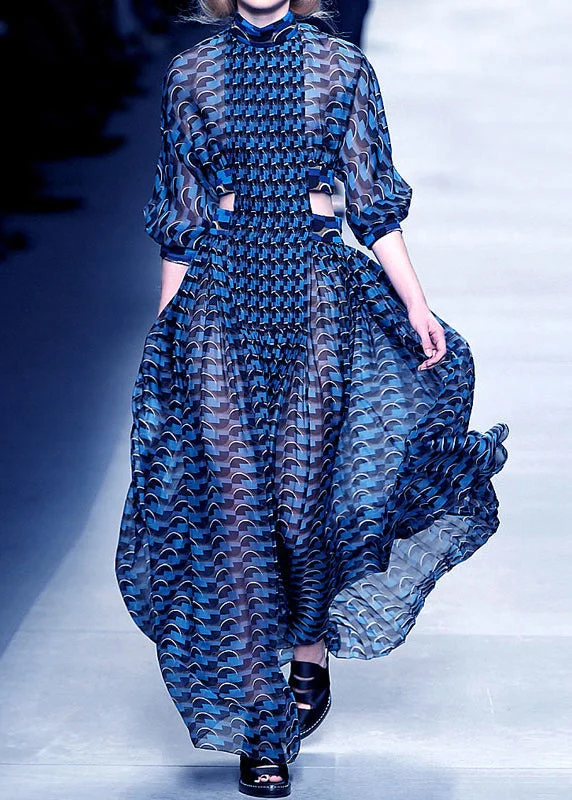 French Blue Hollow Out Print Chiffon Long Dresses Long Sleeve WW1060 Crew Neckline Sporty