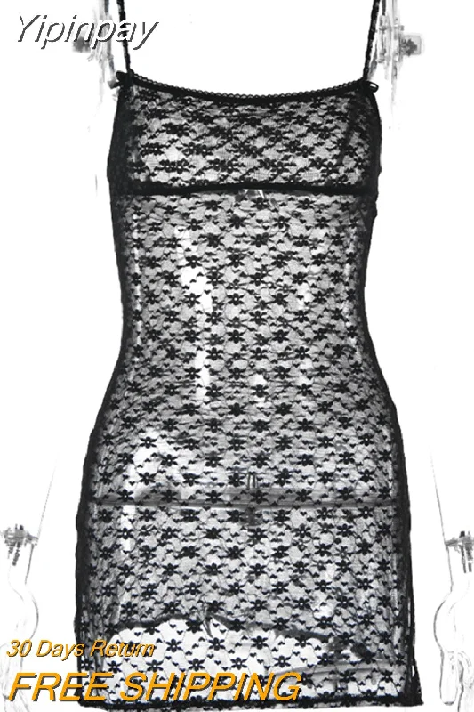 Yipinpay Backless Lace Transpanrent Slip Mini Dress for Girls Elegant Summer Y2K Fairy Grunge Sleeveless Slit Dresses Elegant Off-Shoulder Dress Mini