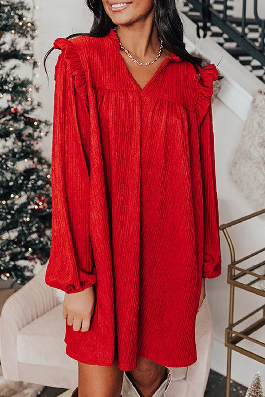 Fiery Red Frill Trim V Neck Loose Fit Ribbed Mini Dress Fashionable Party Mini Dress Fiery Red Frill Trim V Neck Loose Fit Ribbed Mini Dress Fashionable Party Mini Dress