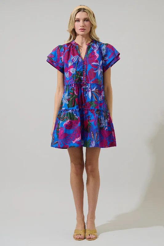 Mela Tropics Empire Tiered Mini Dress - Blue/Pink Combo Classic Casual Mini Dress