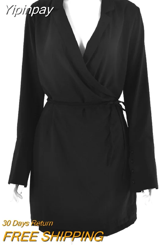 Yipinpay Mo Black Satin V-Neck Shirt Dress Women 2023 Spring Flare Sleeve Lace Up Mini Dresses Elegant Ladies Party Vestidos Trendy Mesh Mini Dress
