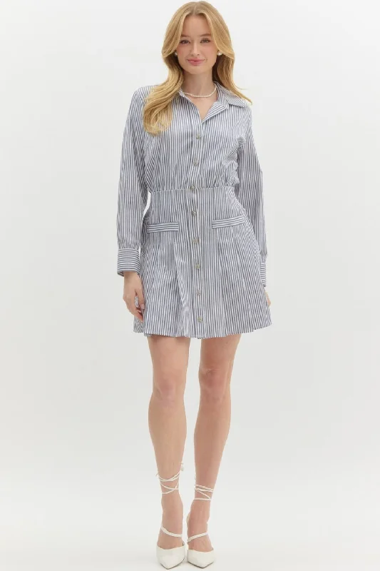 Stripe Pleated Mini Dress - Navy Casual Mini Dress with Pockets