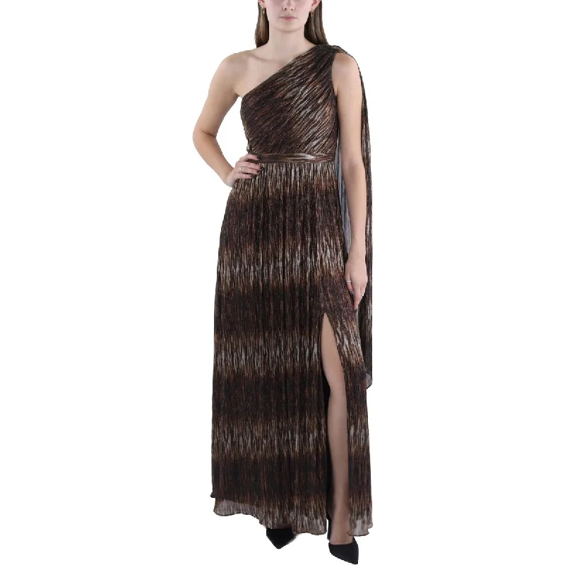 Womens Metallic One Shoulder Evening Dress Crew Neckline Sporty