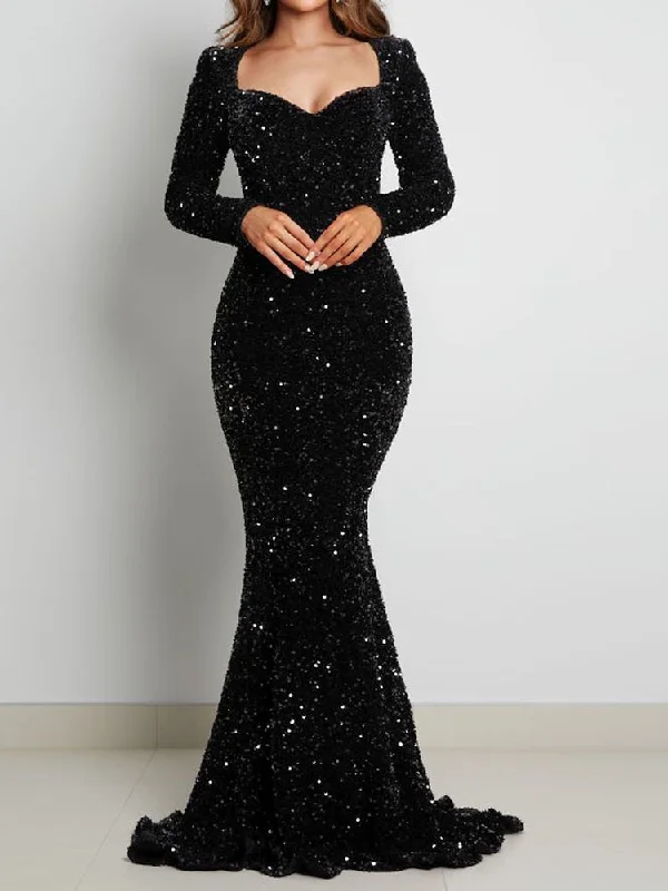 Luxury Black Long Sleeve Evening Gown Sequin Stretchy Velvet V Neck Mermaid Prom Floor Length Dress Burgundy Winter Cowl Neckline Elegant