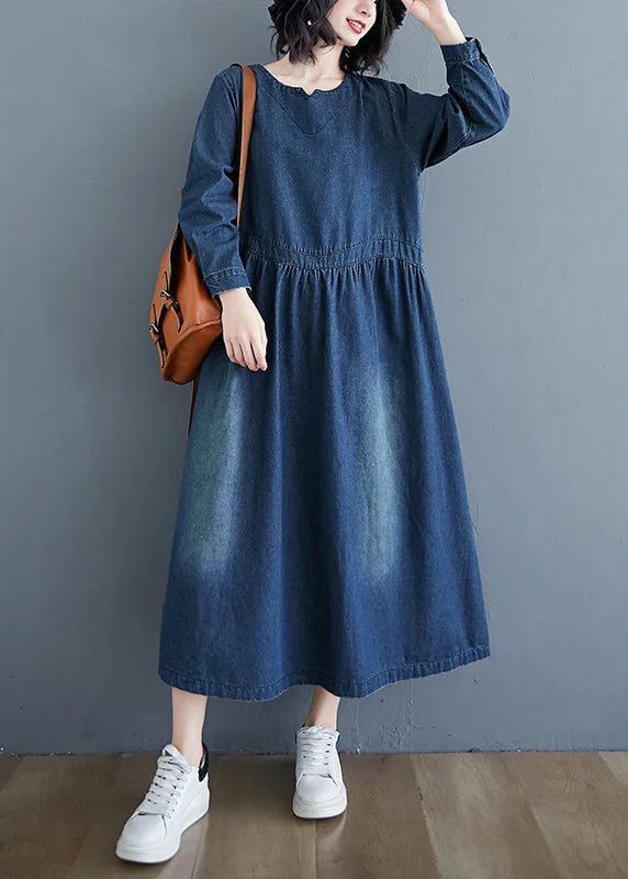 Casual Denim Blue Patchwork Long Dress Long Sleeve GH1072 A-Line Day Work