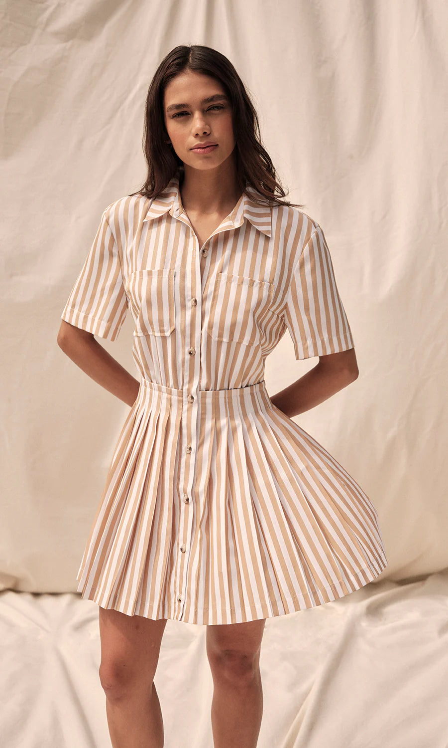 Wilda Shirting Stripe Mini Dress - Sand/Cream Elegant Lace-Up Mini Dress