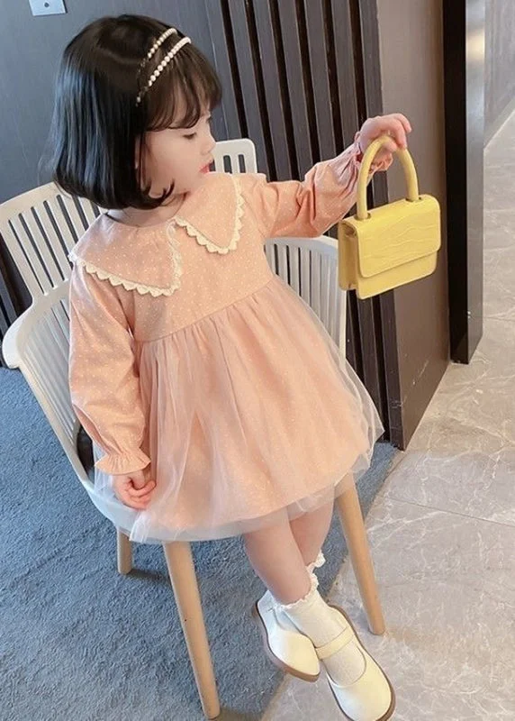 Lovely Pink Peter Pan Collar Dot Tulle Patchwork Kids Vacation Maxi Dresses Fall SS1065 Tunics Bestseller popular