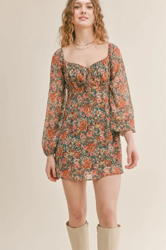 Women's Feminine Floral Mini Dress | Green Multi Cozy Cotton Mini Dress