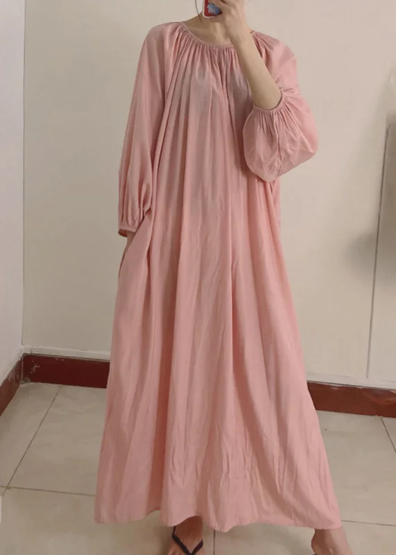 Women Pink Wrinkled Pockets Maxi Dress Long Sleeve TT1044 Tunics Canvas sturdy