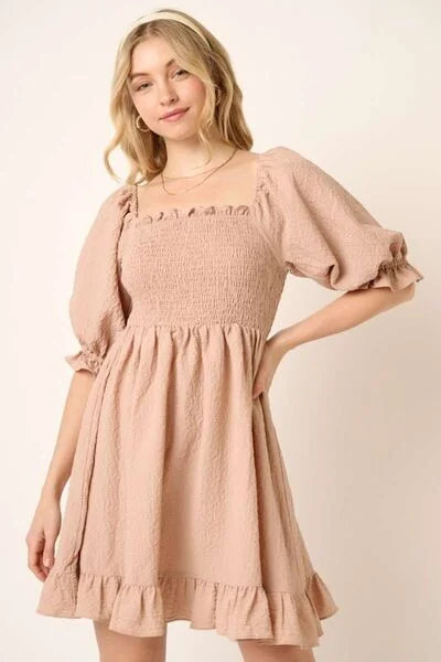Smocked Ruffled Hem Half Sleeve Mini Dress Chic Mini Dress with V-Neck