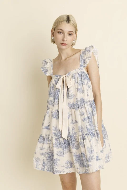 Toile Ruffle Mini Dress W/ Bow Fashionable Pleated Mini Dress