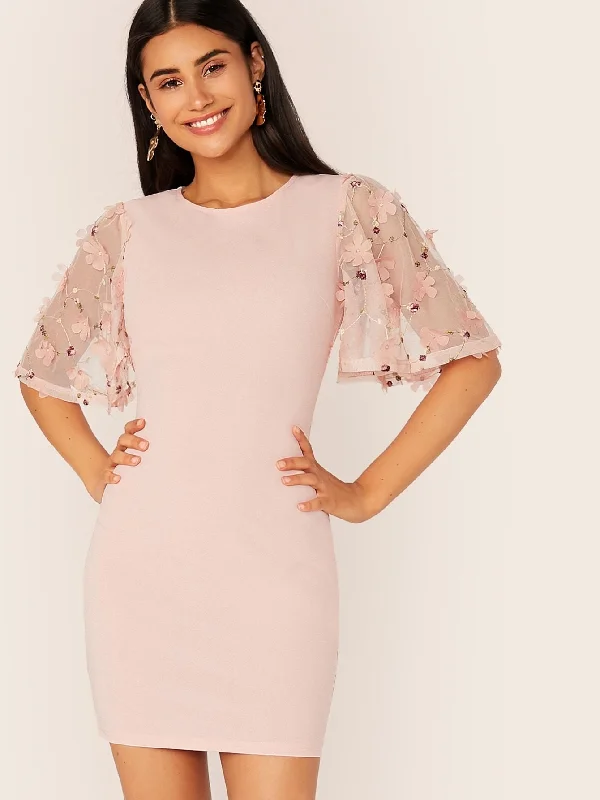 Embroidery Appliques Mesh Sleeve Pencil Dress Tunics Wedding white