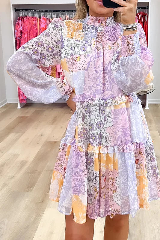 Multicolour Boho Floral Smocked Frill Mini Dress Fashionable Mini Dress with Slits
