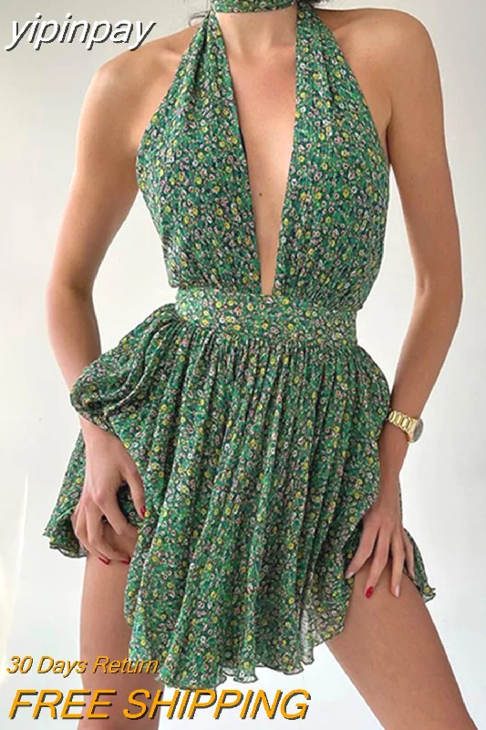 yipinpay Summer Print Floral Halter Sleeveless A-Line Dresses 2023 Casual Beach Party Women Low Cut Pleated Slim Mini Dress Green Fashionable Off-Shoulder Mini Dress yipinpay Summer Print Floral Halter Sleeveless A-Line Dresses 2023 Casual Beach Party Women Low Cut Pleated Slim Mini Dress Green Fashionable Off-Shoulder Mini Dress