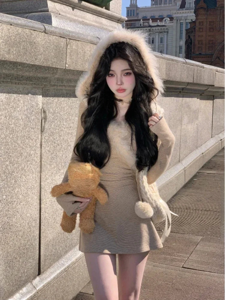 Yipinpay Autumn Kawaii Knitted Y2k Mini Dress Slim Short Party Korean Fashion Dress Casual Fur Hooded Elegant Dress Woman Design Fashionable A-Line Mini Dress Yipinpay Autumn Kawaii Knitted Y2k Mini Dress Slim Short Party Korean Fashion Dress Casual Fur Hooded Elegant Dress Woman Design Fashionable A-Line Mini Dress