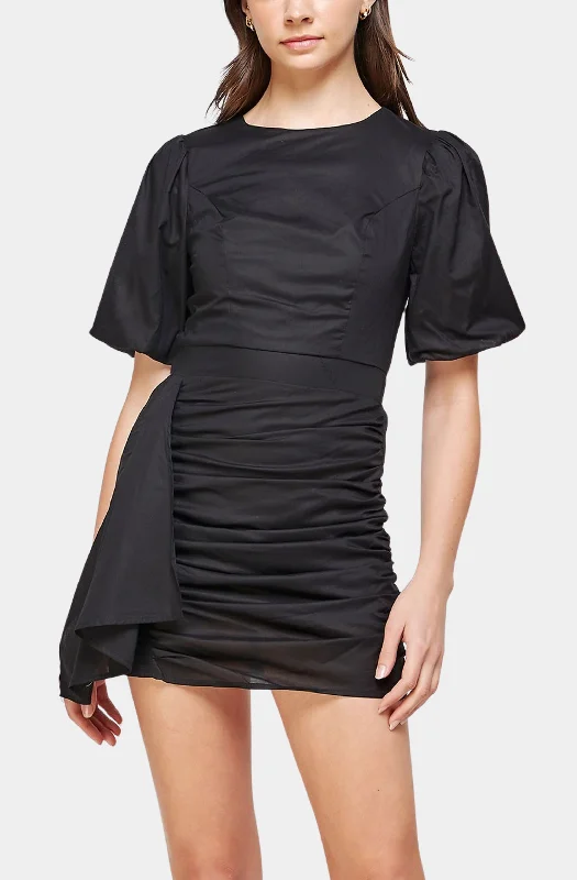 Ruched Short Puff Sleeve Voile Mini Dress Fashionable Button-Front Mini Dress
