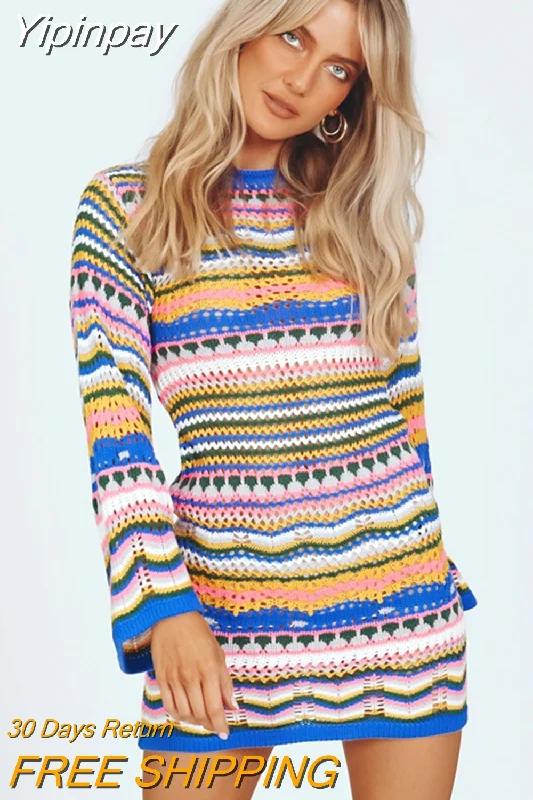 Yipinpay Women'S Sexy Bodycon Mini Dress Bohemian Long Sleeve Crew Neck Hollow Out Dress Club Street Style Beachwear S-XL Chic Puff Sleeve Mini Dress