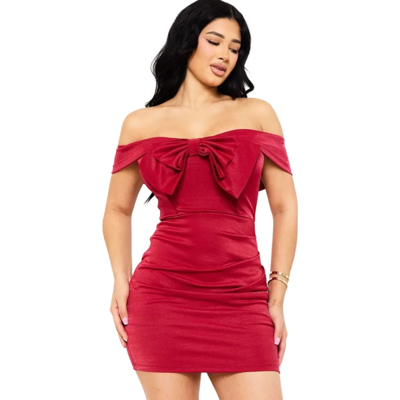 Stretchy Valentine front bow mini dress Stylish Ribbed Mini Dress