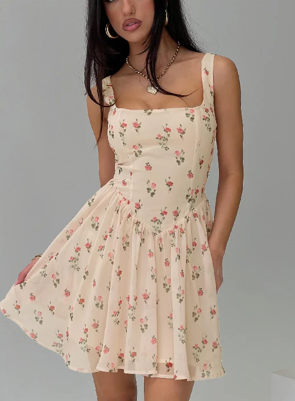Straplie Mini Dress Cream Floral Pencil Office Professional