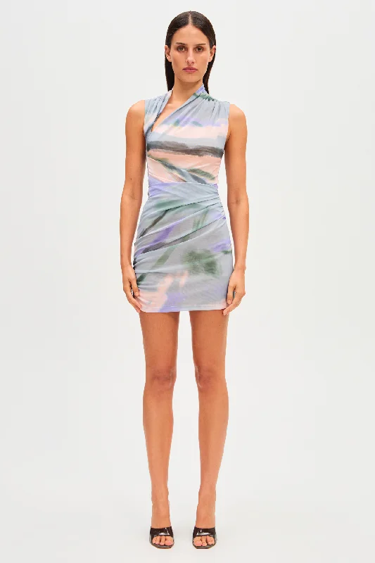 Tillie Mesh Mini Dress in Elysian Fields Trendy Button-Detail Mini Dress