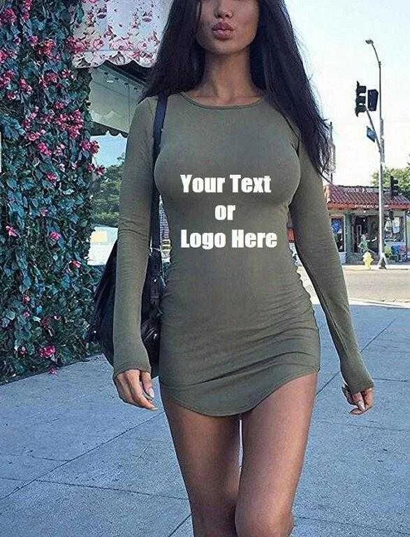 Custom Personalized Designed Womens Long Sleeve Soft Lining Bodycon T-shirt Mini Dress Tunics Fall fleece