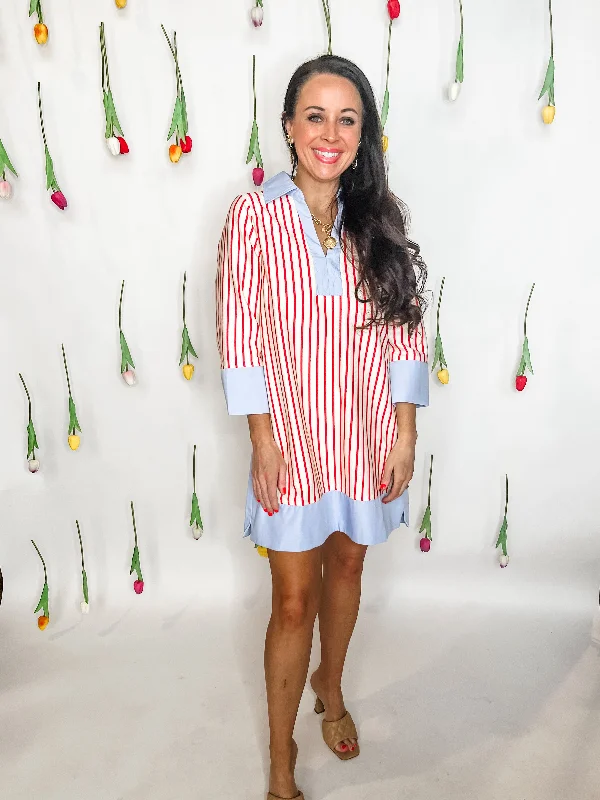 Striped Collared Mini Dress- Red Trendy Denim Mini Dress