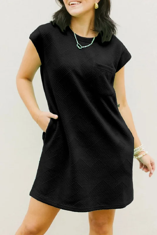 Black Plain Textured Pocketed Cap Sleeve Mini Dress Comfortable One-Shoulder Mini Dress Black Plain Textured Pocketed Cap Sleeve Mini Dress Comfortable One-Shoulder Mini Dress
