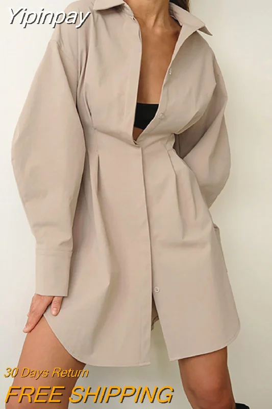 Yipinpay Spring Summer Bodycon Dress Women Khaki Long Sleeve Pleated Shirt Dress Office Ladies Solid Lapel Casual Mini Dresss Elegant Lace-Up Mini Dress