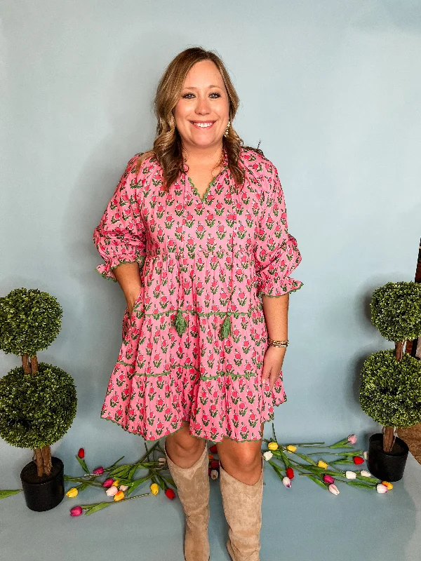 Floral Print Tiered Mini Dress- Pink Comfortable Ruffle Mini Dress