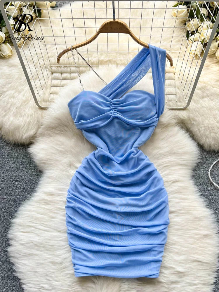 Yipinpay Mesh Irregular Women Summer Dress 2024 Halter Elegant Sexy Slim Temperament Vacation Ladies A Line Mini Dresses Trendy Cut-Out Mini Dress