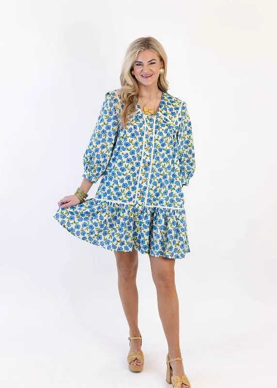 Vibrant Blue Floral Mini Dress Chic Pleated Mini Dress
