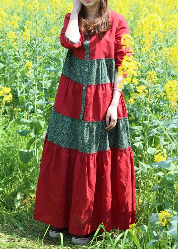 Red O-Neck Wrinkled Patchwork Long Dresses Spring VB1030 Tunics Distressed trendy
