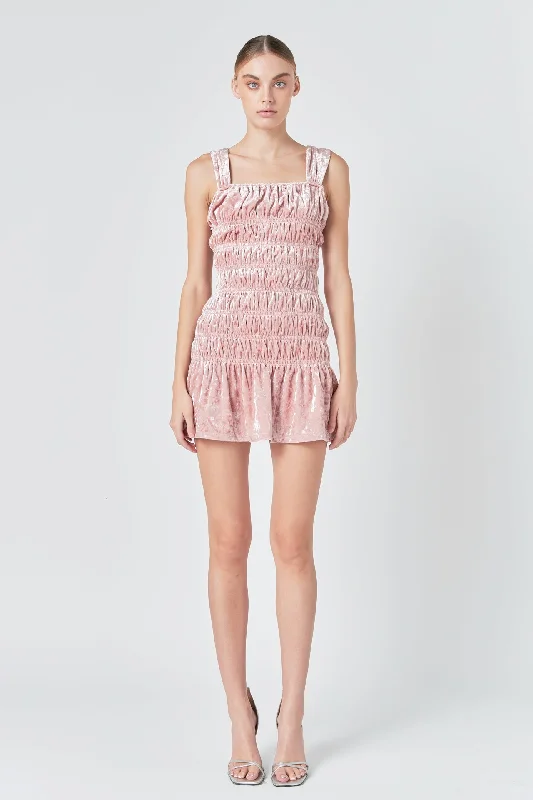 Endless Rose - Smocked Velvet Mini Dress Trendy Denim Mini Dress