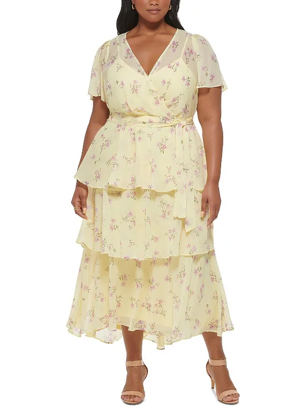 Plus Womens Chiffon Ruffled Maxi Dress Boat Neckline Classic