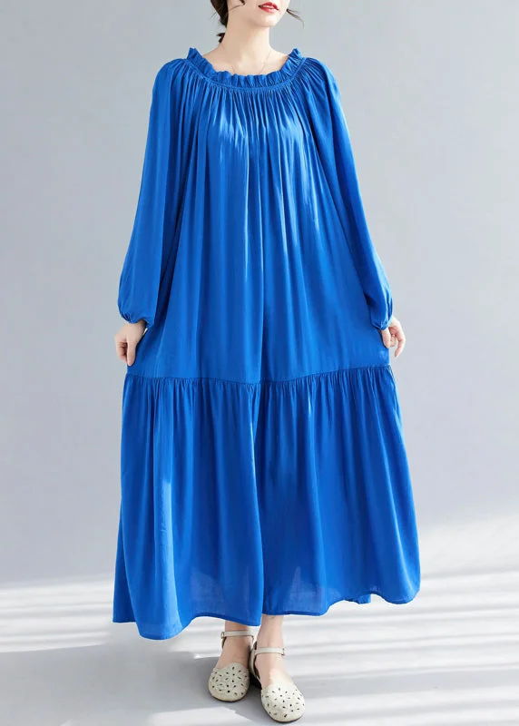 Blue O-Neck Ruffled Patchwork Chiffon Maxi Dress Spring GH1081 Crew Neckline Sporty
