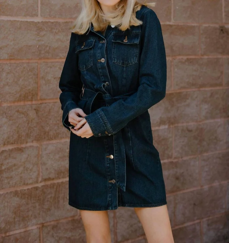 Denim Belted Dress In Blue Tunics Satin smooth