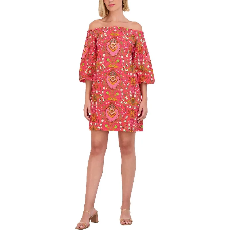 Womens Linen Floral Mini Dress Crew Neckline Casual