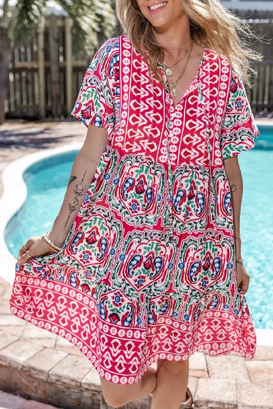 Pink Bohemian Tie Neck Flounce Sleeve Ruffle Hem Mini Dress Classic Solid Mini Dress Pink Bohemian Tie Neck Flounce Sleeve Ruffle Hem Mini Dress Classic Solid Mini Dress
