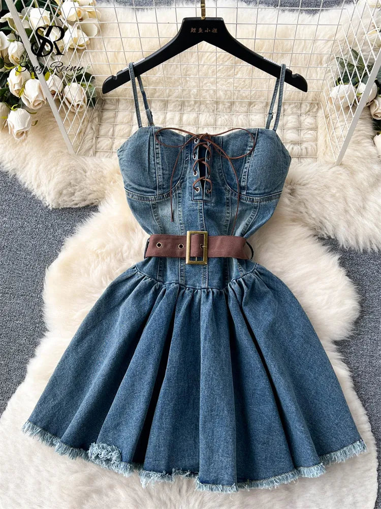 Yipinpay Fashion Streetwear Denim Dress Spaghetti Strap Cross Lace Up Bow Belt Zipper Pleated Women American Vintage Mini Dress Fashionable Party Mini Dress