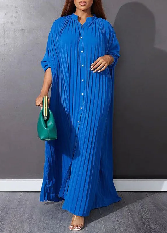 Blue O-Neck Button Vacation Maxi Dresses Long Sleeve VB1037 Tunics Vintage classic