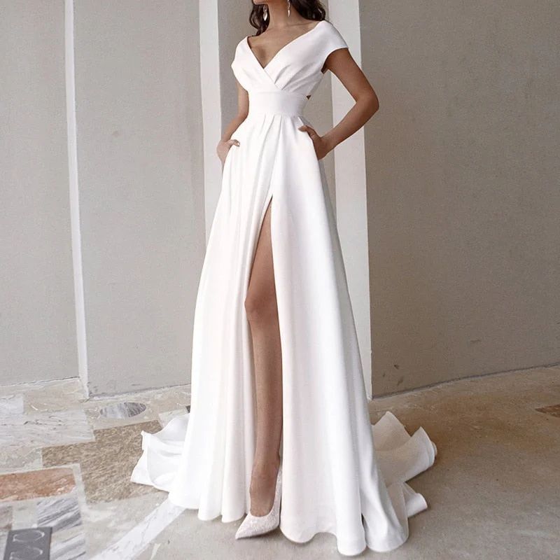Zjkrl - Female Elegant Temperament Party Dresses Fashion V-neck Sleeveless High Waist Long Dress Solid Pleated Split Women Evening Dress Tunics Hiking breathable
