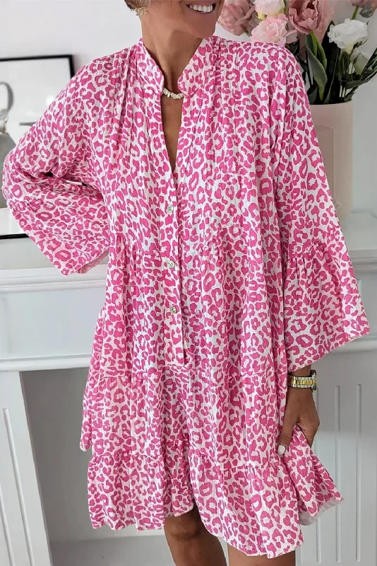 Bright Pink Leopard Print Flounce Sleeve Mini Dress Trendy Cut-Out Mini Dress