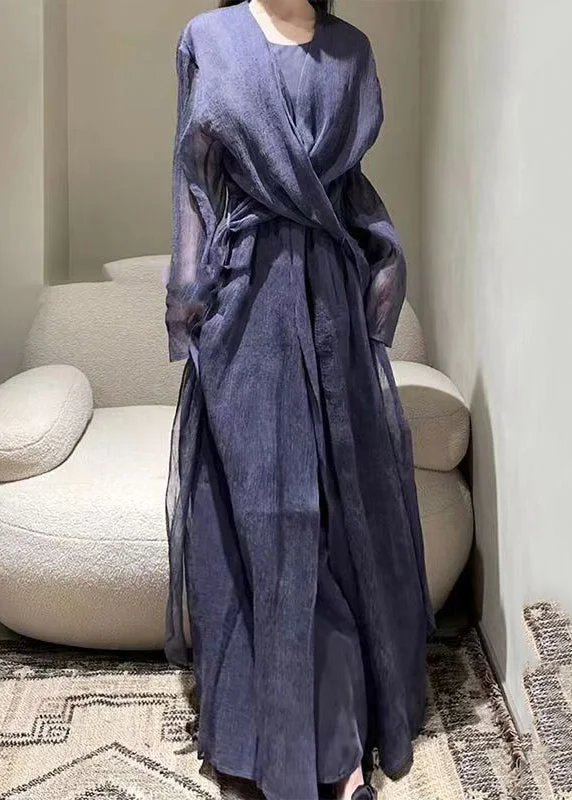 Style Dark Purple Patchwork Tie Waist Tulle Long Dresses Long Sleeve TT1018 Turtleneck Warm Winter