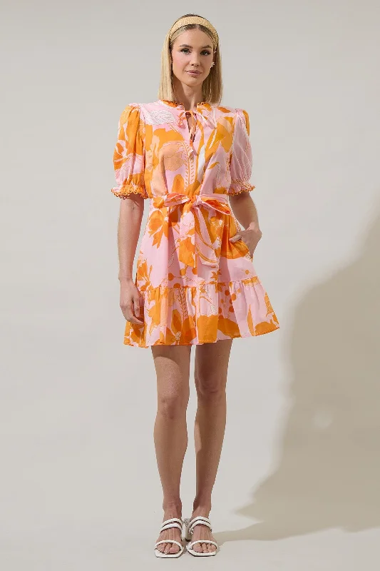 Lenira Floral Negin Split Neck Mini Dress - Pink/Orange Trendy Camisole Mini Dress